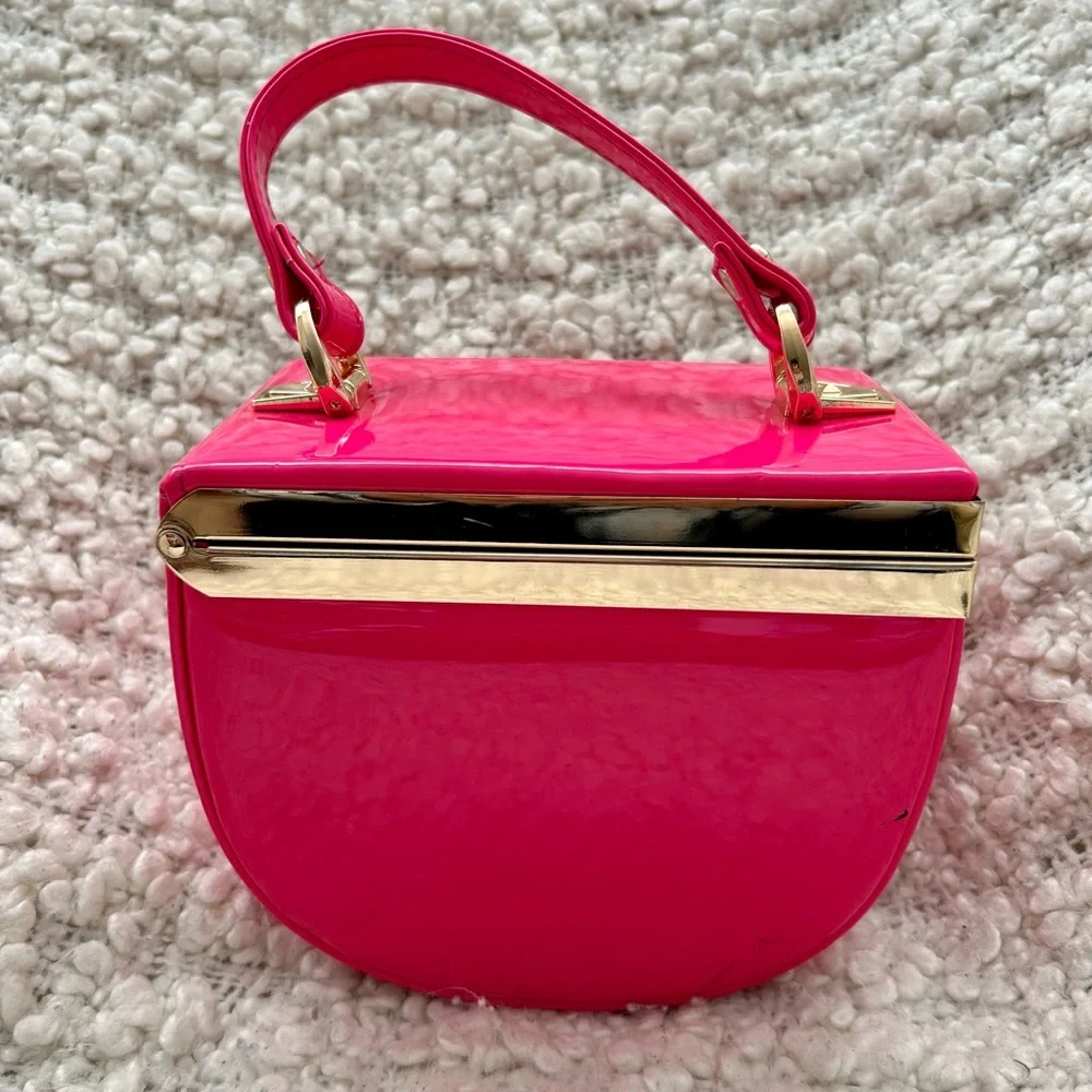 Pink One-of-a-Kind Patent Semi-Circle Box Bag with Short Handle & Shoulder Strap - Picture 1 of 8